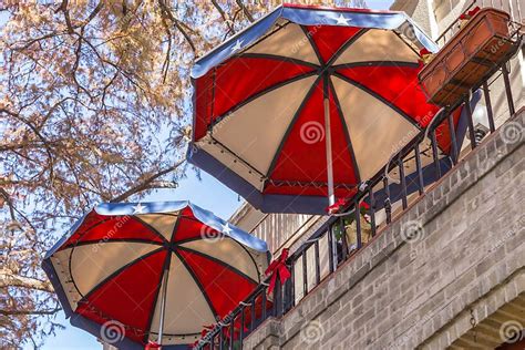 Two Red White And Blue Umbrellas Stock Image Image Of White