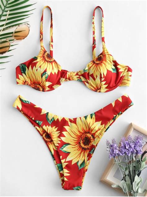 15 Off 2021 Zaful Floral Sunflower Bikini Set In Chestnut Red Zaful