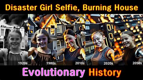 evolution history of smiling disaster girl taking selfie in font of her burning house 1900s