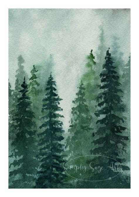 Watercolor Art Print Misty Pines In Dark Green Etsy