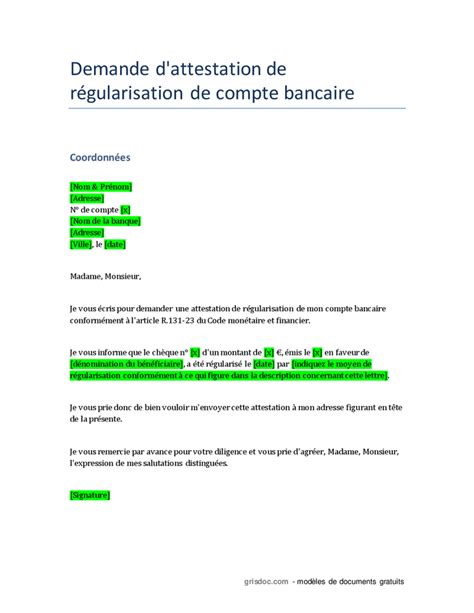 Demande Dattestation De Régularisation De Compte Bancaire Doc Pdf