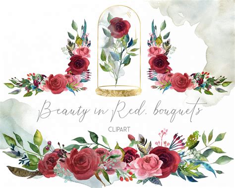 These round layered flowers are found in the most. Red rose watercolor wedding clipart marsala floral bouquet ...