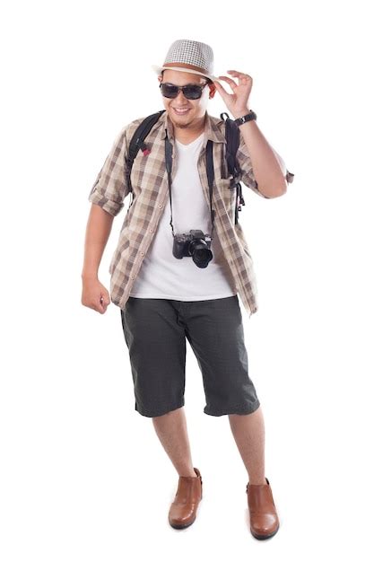 Premium Photo Asian Male Backpacker Tourist Wearing Hat Black