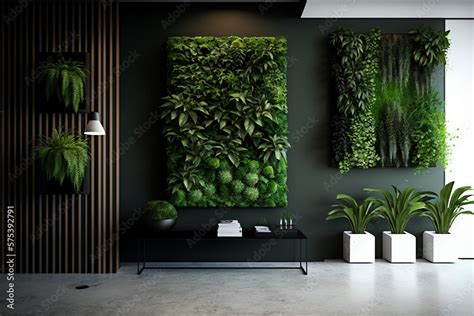 Panoramic Vertical Garden Lush Green Plants Wall In Interior Nature
