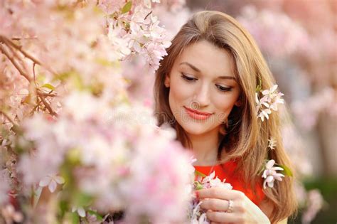 Portrait Of Beautiful Woman Near A Flowering Tree Stock Image Image Of Enjoy Blossom 37470897