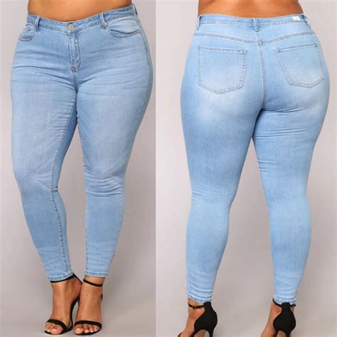 Plus Size Jeans Women High Waist Skinny Pencil Blue Denim Pants Women Stretchy Stretch Elastic