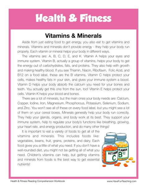 Reading Comprehension Worksheet Vitamins And Minerals