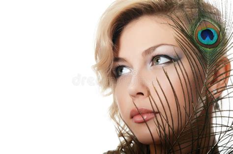 Beautiful Woman With Feathers Of A Peacock Stock Image Image Of