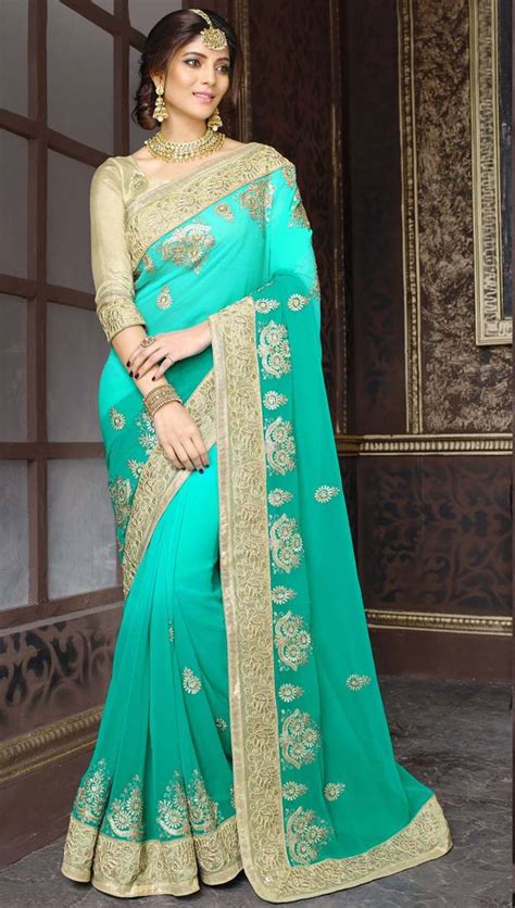 Buy Georgette Saree By Fabkaz Turquoise Online