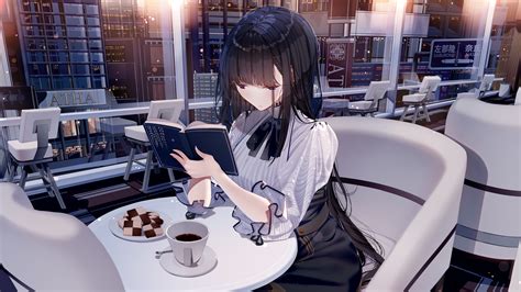 壁纸 动漫女孩 原始人物 黑发 爆炸 长发 衬衫 短裙 坐着 餐厅 咖啡 饼干 建造 读 图书 2d 艺术品