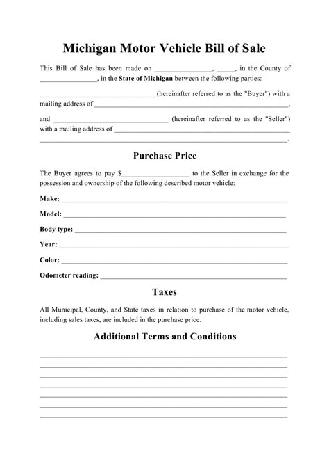 Michigan Motor Vehicle Bill Of Sale Form Download Printable Pdf
