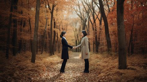 Two Women Holding Hands In The Woods And Holding A Walk Path Background