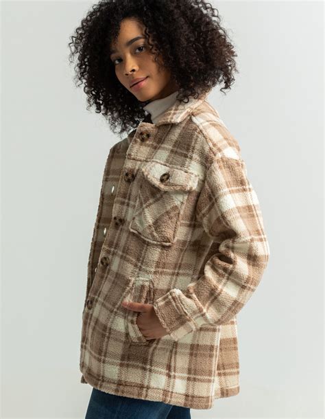 Love Tree Plaid Sherpa Womens Shacket Tan Combo Tillys