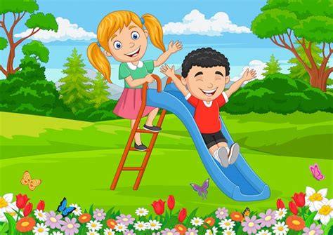 Dibujos Animados De Niños Pequeños Jugando En El Jardín Vector Premium