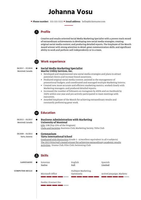 View the sample resume for a social media manager below, and download the social media manager resume template in word. Social Media Marketing Specialist Resume Example | Kickresume