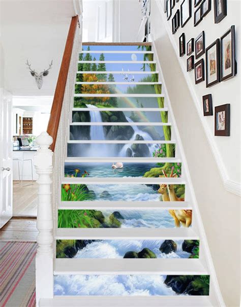3d Waterfall Rainbow Animals 1481 Stair Risers Aj Wallpaper Stair