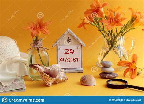 Calendar For August 24 Decorative House With Numbers 24 Name Of The