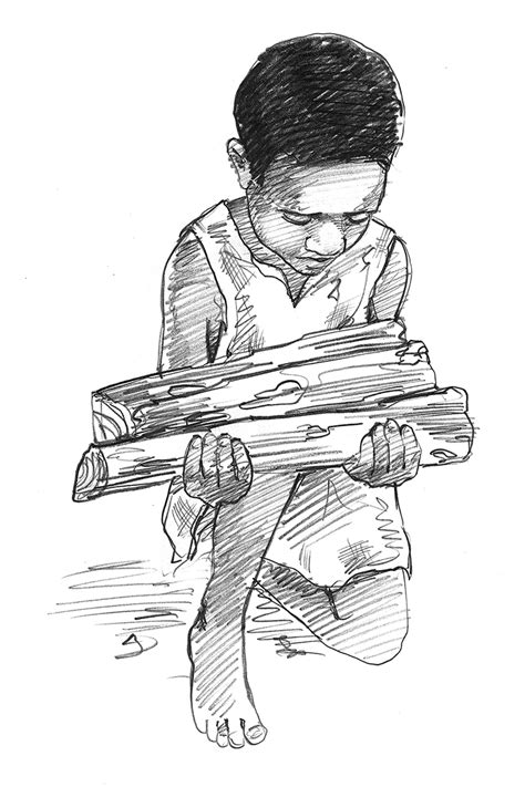 Boy Carrying Wood Man With Plow Pencil Illustration Leslie Evans