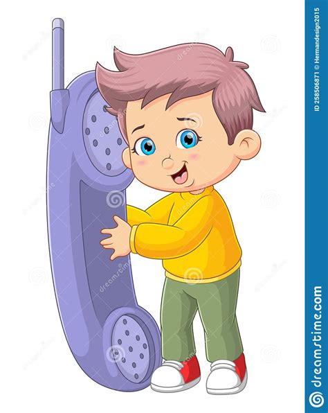 The Cool Boy Is Standing While Calling With A Very Big Telephone Stock