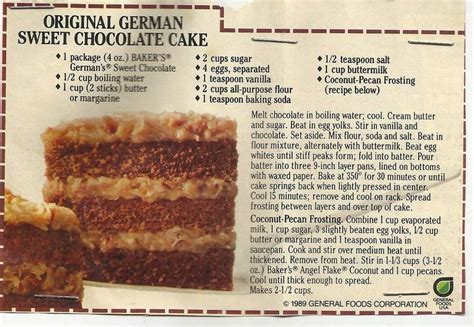 In a large mixing bowl, beat butter with an electric mixer for 30 seconds. Vintage Baker's German's Sweet Chocolate Cake Recipe ...