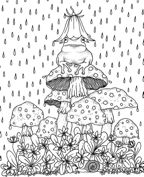 The Frog On The Mushroom In The Rain Coloring Pages For You