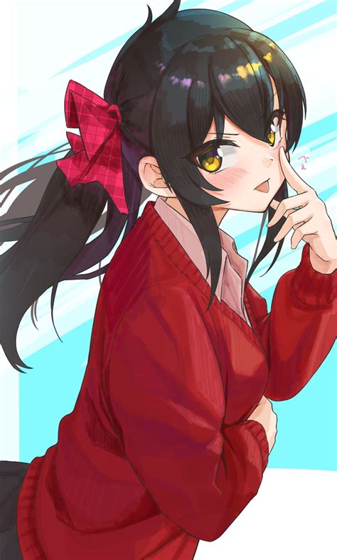 Safebooru 1girl P Akanbe Arm Under Breasts Black Hair Blush Breasts Cardigan Hair Ribbon