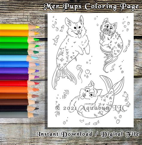 Mermaid Dogs Coloring Page Instant Download Digital Print Etsy