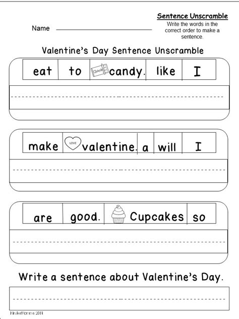 Free word scramble printable worksheet generator. Valentine's Day Sentence Unscramble - kindermomma.com