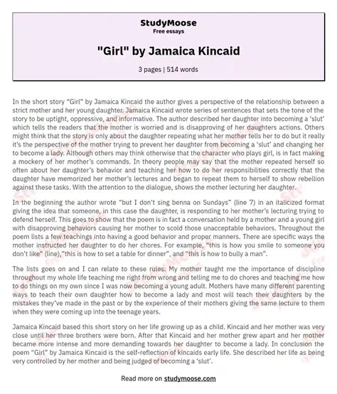 Girl By Jamaica Kincaid Research Paper Example Free Essay