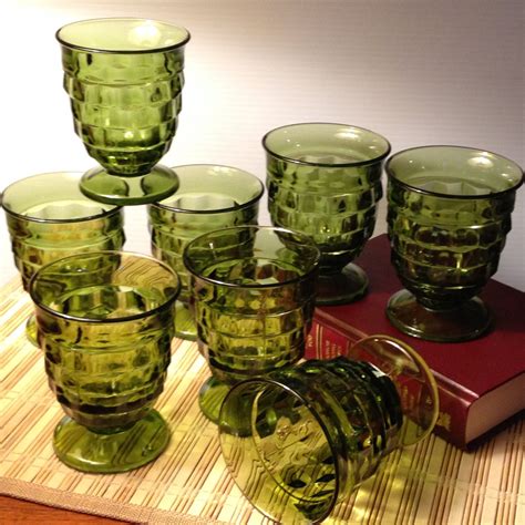Set Of Eight Vintage Olive Green Footed Cube Pattern Glasses By Fromtheseller On Etsy Cube