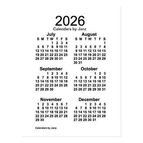 2026 White 6 Month Mini Calendar By Janz Postcard Uk