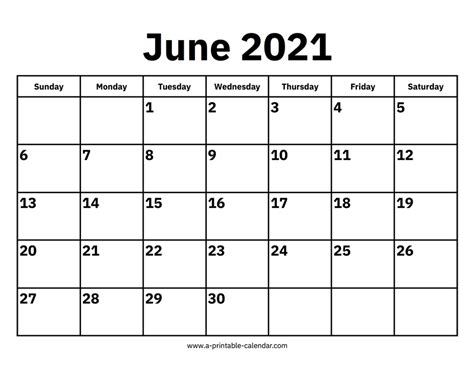 June 2021 Calendars Printable Calendar 2021