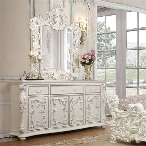 Luxury Cream Carved Wood Dresser And Mirror Set 2 Pcs Traditional Homey
