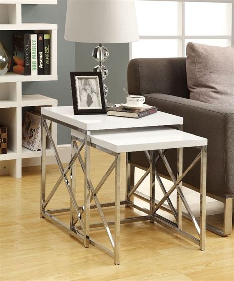 Glossy White Chrome Metal 2pcs Nesting Table Set Monarch Specialty