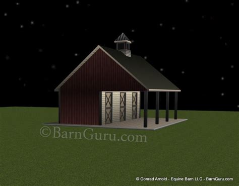 Large area for a tractor and a nice porch for humans. 3 Stall Shed Row Horse Barn Plans