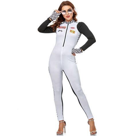 Sexy Car Racing Costume Women Long Sleeve Jumpsuit White Pkaway