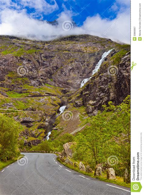 Stigfossen Waterfall And Bridge On Trollstigen Road Norway Stock