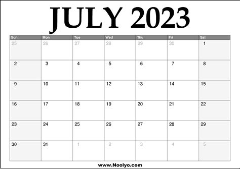 July Calendar Printable Noolyo Com