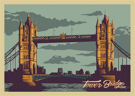 Tower Bridge Illustrated Vintage Print London Poster Tower Bridge
