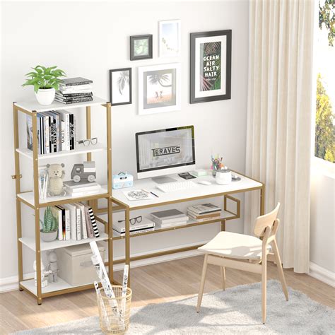 Desk features three storage drawers with metal runners and safety stops. Teraves 47" Office Computer Desk with 5 Tier Storage ...