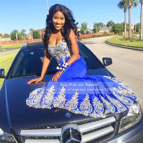 buy sweetheart sleeveless royal blue african prom dresses with gold lace custom