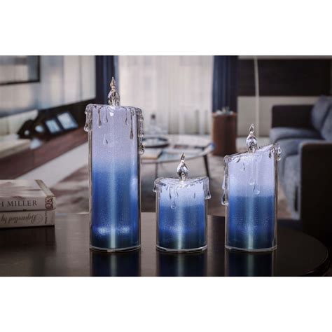 Set Of 3 White And Blue Glitter Led Lighted Candles 95