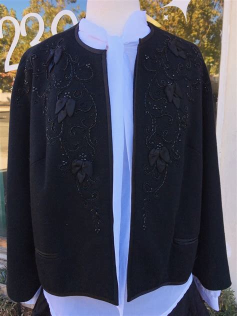 1950s Black Beaded Fully Lined Jacket Sweater By Cres Gem