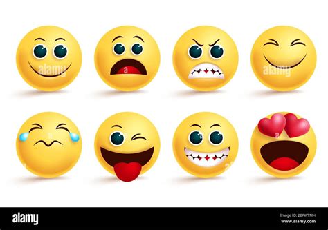 emoji vector set emoji yellow face and emoticon with in love angry happy and naughty cute