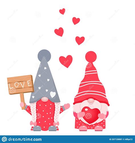 Adorable Cartoon Valentine Gnomes With Wood Board And Heart In Hends