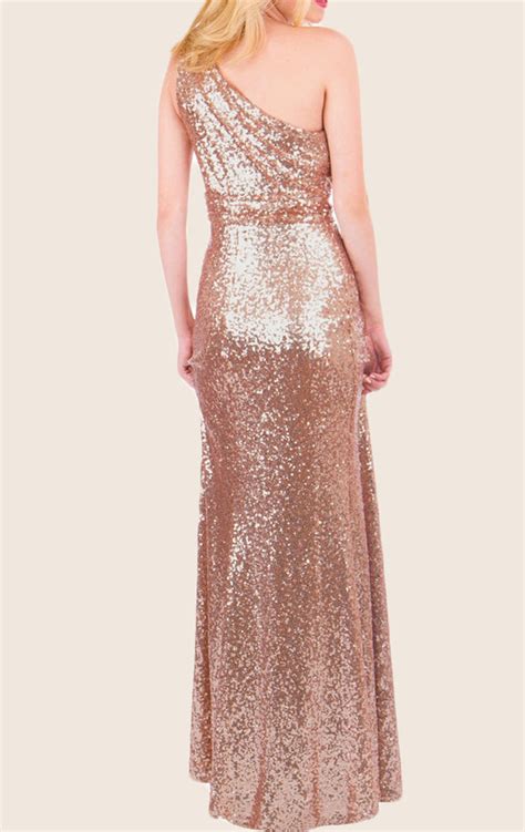 Macloth One Shoulder Sequin Long Bridesmaid Dress Rose Gold Formal Gow