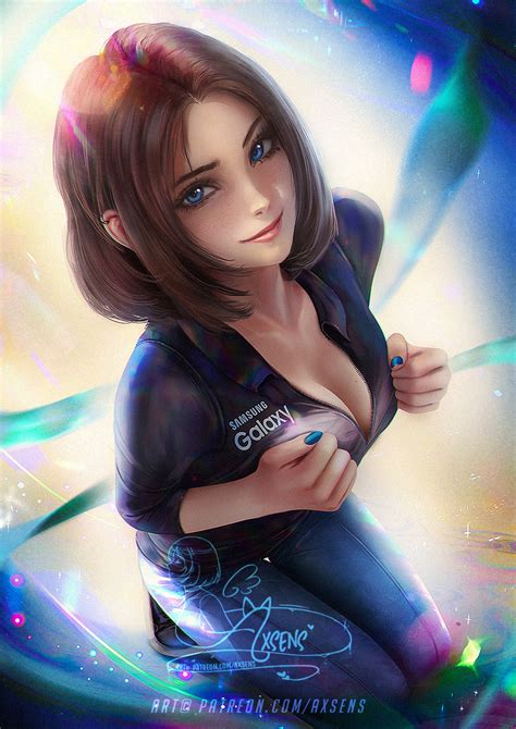 axsen samsung sam samsung highres 1girl banned artist black jacket blue eyes blue nails