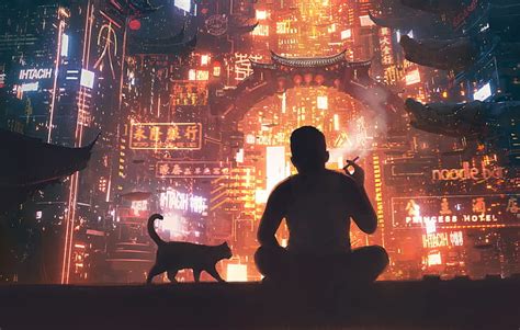 Hd Wallpaper Sci Fi Men Cat City Futuristic Man Oriental