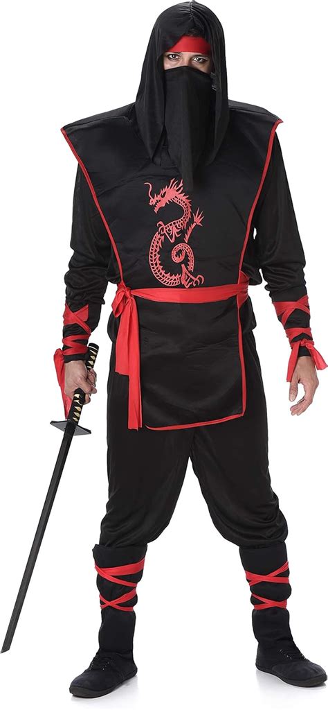 Black Red Ninja Costume Set Halloween Mens Dragon Assassin Warrior