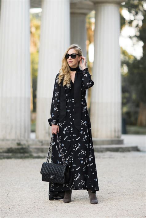 Moody Floral Maxi Dress Skinny Scarf And Suede Boots Meagans Moda